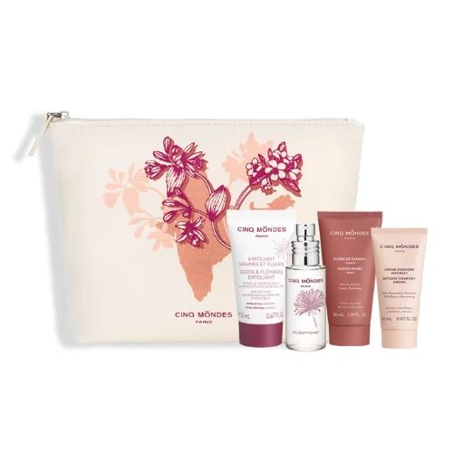 Travel kit - The perfect gift for Christmas! All the beauty essentials you need to take with you wherever you go. All the body care essentials to exfoliate, nourish, refine skin texture and wrap yourself in a sublime fragrance! This kit contains: Purée de Papaye 30ml, Graines et Fleurs Exfoliant 20ml, Crème Confort Intense 20ml and Eau fraiche Egyptienne 25ml.